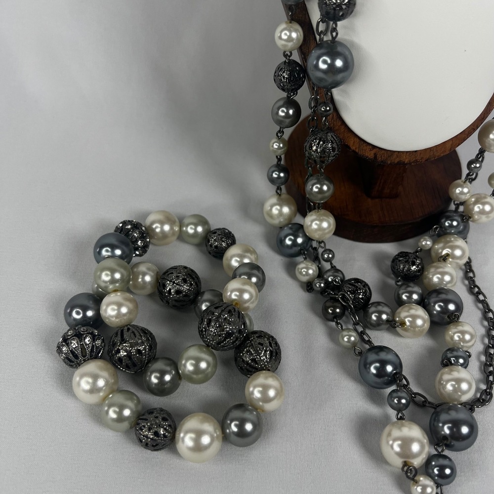 Y2K Beaded Jewelry Set Multi Strand Necklace Stretch Bracelet Set Dangle Earring - Picture 2 of 8